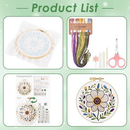 ERKOON Embroidery Kit for Beginners Adult, Cross Stitch Set Include Embroidery Cloth Hoop Threads for Craft Lover Hand Stitch with Embroidery Skill Techniques (Flower) - color: Flower