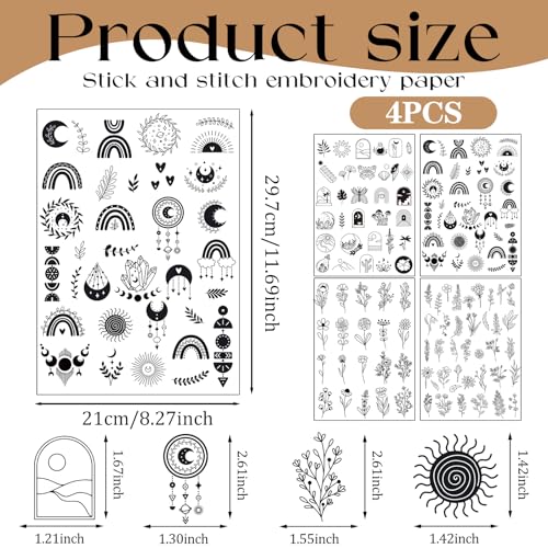 Stick and Stitch Embroidery Patterns Paper, 120 Pcs Floral Water Soluble Embroidery Patterns Wash Away, Pre-Printed Bohemia Mystery Pattern Transfers, Customized Gift for Hand Sewing Lover Beginners - size: Bohemian Mystical