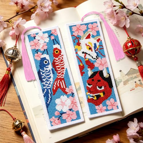 ACRNIGHEET 6PCS Cross Stitch Bookmark Kit for Beginner Stamped Cross Stitch Kits for Adults Japanese DIY Tassel Embroidery Bookmark Kits Needlepoint Kit with Instructions Craft Gift 8.5''x3'' 11CT - style: Japanese with Tassel