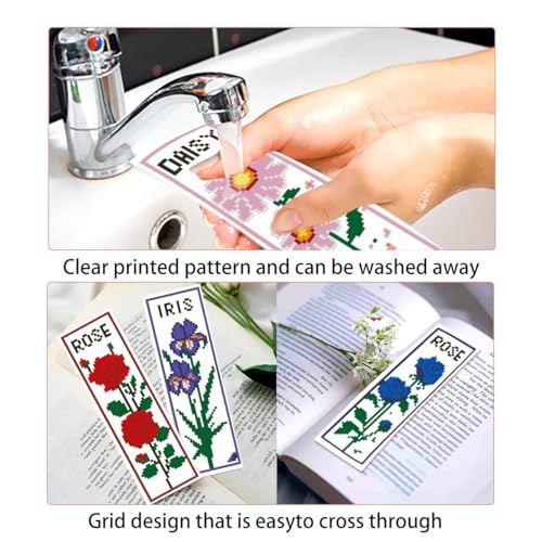 Zhenqing Floral Stamped Cross Stitch Bookmark Kit, 6 Iris Rose Daisy Lily Magnolia Designs for Adults and Beginners, Book Lover Gift - color: Floral Bookmark