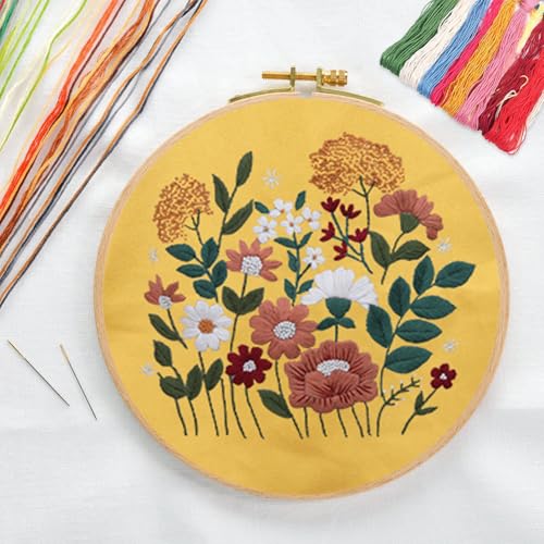 CREAWONDER Canvas Tote Bag Embroidery Kit with Pattern for Beginners, Arts and DIY Embroidery Crafts Kits for Adults, Include Instructions, Thimble, Embroidery Hoops, Color Threads and Tool - color: CR002 huaguangpianran yellow
