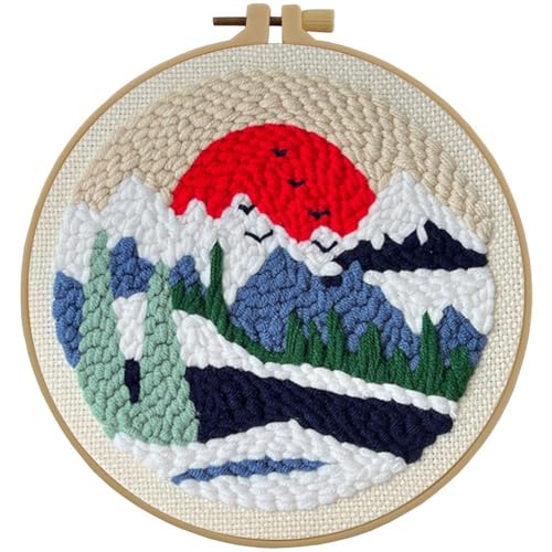 Esffaci Punch Needle Kit for Adults Beginner Starter Punch Embroidery Kit with Red Sunrise Snow Mountain Tree Scenery Pattern DIY Punch Stitch Supplies with Stamped Fabric Yarn Hoop Tool Instruction - color: Sunrise