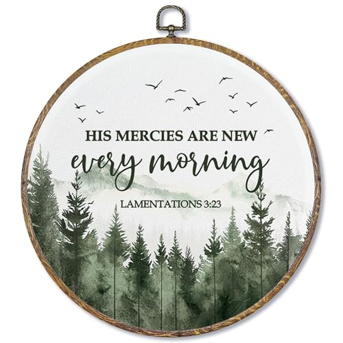 Fewgb Christian Bible Mountain Round Wall Art Decor Framed for Bedroom Living Room, His Mercies Are New Every Morning Canvas Wall Art Prints Picture, Lamentations Hanging Room Decor Artwork 10x10 - color: mercy