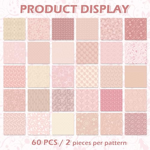Whaline 60Pcs Flower Charm Square 5-Inch Cotton Fabric Squares Bundles Pink Floral Leaves Quilting Sewing Fabrics for DIY Handmade Craft Decor - size: 5 x 5 inch