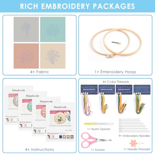 ERKOON 4 Set Embroidery Kit for Beginners, Cross Stitch Set Include Embroidery Cloth Hoops Threads for Craft Lover Hand Stitch with Embroidery Skill Techniques (Daisy) - color: Daisy