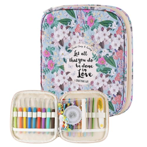 Crochet Hook Case,Portable Zipper Storage Organizer Bag for Crochet Hooks, Knitting Needles, Project & Sewing Supplies, Lightweight,Easy to Hold (No Accessories Included).Green White Flowers - color: green white flowers
