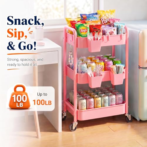 3 Tier Rolling Cart Metal with Lockable Wheels,Pink Baby Diaper Caddy Carts - color: Soft Pink, size: 3 Tier + Cups + Hooks