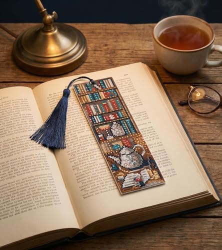 14CT Blue Bookshelf Counted Cross Stitch Bookmark Kit for Adults Beginners - color: SQJ001-01