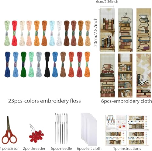KYOQFVN 6 Pcs Book Cross Stitch Bookmark - 14CT Bookmark Cross Stitch Kit with Instructions, Needlepoint Bookmark Kit for Adult Beginners 6×20cm - color: SQSZX-002