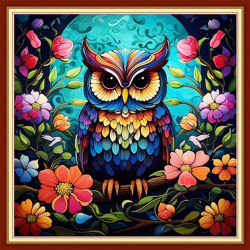 Disxvivy Cross Stitch Stamped Full Embroidery Kits DIY 11CT Cotton Thread Printed DIY Needlepoint Kits Craft Needlework Set Cross-Stitch Stamped Sets-Colorful Owl 18x18 inch - color: Artstyle17
