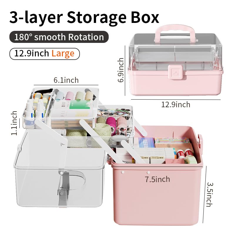 Large 3-Layer Craft Storage Box with Handle, Blue - color: Blue