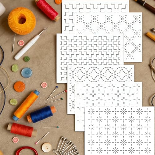 21 Pcs Plastic Sashiko Stencils Kit 8.3 x 5.9 Inch Geometric Sashiko Pattern Stabilizers and Needles Thread Tool Kit for Sewing Hand Quilting and Embroidery - size: 8.3 x 5.9 (21PCS)