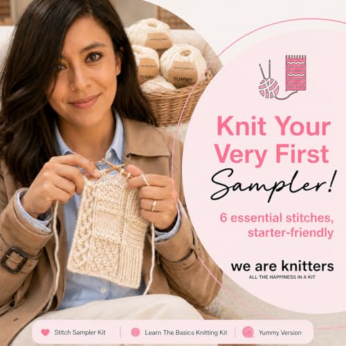 We Are Knitters Stitch Sampler Knitting Kit | Beginner-Friendly Knitting Starter Kit with Yummy Yarn | Learn Essential Stitches & Make Your First Snood - color: Yummy Yarn White