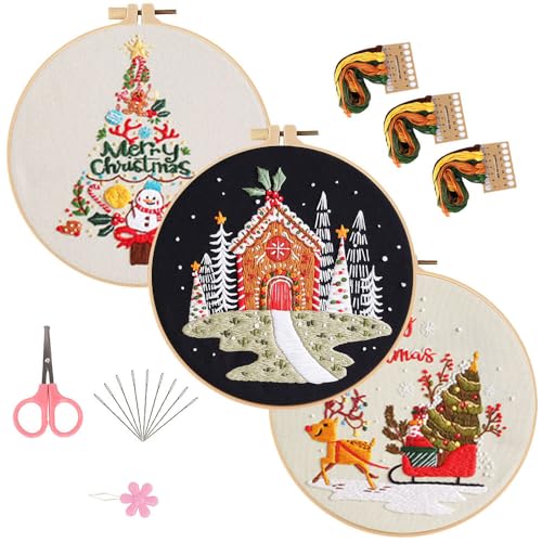 LB Christmas Embroidery Kit for Beginners Adults, 3 Sets Hand Embroidery Starter Kit with Snowman Pattern and Instructions Stamped Cross Stitch Kits Include Embroidery Hoop Needles Threads Scissors - color: Black White