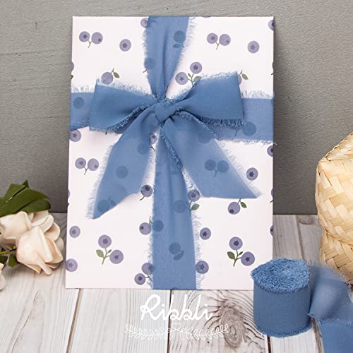 Ribbli Dusty Blue Chiffon Ribbon - 1-1/2 inch x 30 Yard Handmade Fringe Silk Ribbon for Wedding Invitations, Bridal Bouquets, Flower Arrangements - color: Dusty Blue
