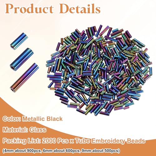MECCANIXITY 2000pcs Glass Bugle Beads 4/6/9mm Long Tube Cylinder Beads - color: Colorful Black