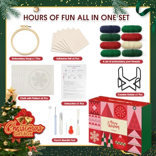 yuegool 6PCS Christmas Punch Needle Coasters Kit,Easy DIY Punch Needle Embroidery Kit for Beginners Adults Kids Including Patterns, Tools, Yarns, Hoop, Instruction, Coaster Holder Art Craft Supplies - color: Merry Stitchmas, size: 4-inch diameter