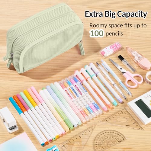 Sooez Big Capacity Pencil Case Pen Pouch, Soft Corduroy Pencil Bag - color: Green