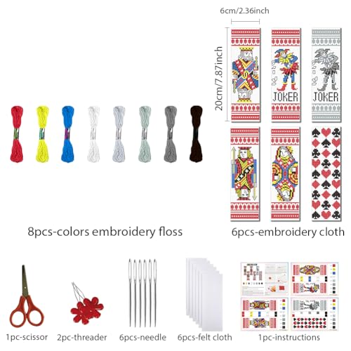 FREEBLOSS 6 Set Cross Stitch Bookmarks Kit Poker Stamped Cross Stitch Kit DIY Embroidery Bookmark Set with Instruction for Adults Beginners Gift for Reading Enthusiasts 8 * 2.4inch 11CT - style: Playing Cards