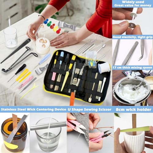 31PCS Wick Kits for Candle Making Wicks Inserting Nursing with Storage Bag Large Hole Needles for Silicone Candle Mold Hook Eye Punch Needle,7in Wicks Trimmer & Dipper,Wick Roll 200 Ft ect - color: 31PCS