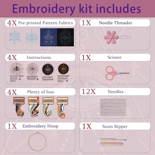Vereela Evil Eye Embroidery Kit for Beginners Adults, 4 Pack Pre Stamped Embroidery Starter Kit with 8" Hoop, Threads, Needles, Tools & Instructions, DIY Needlework Craft Gift for Women Teens - color: Evil Eye