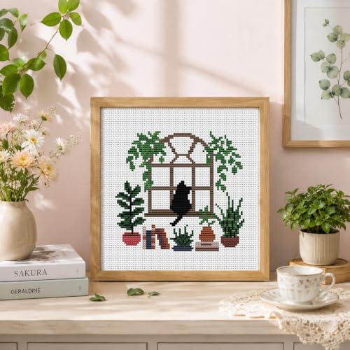 Plant Black Cat Stamped Cross Stitch Kits for Adults Beginners with Frame - color: Black Cat Plants Cross Stitch