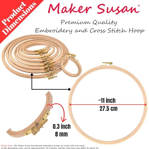 Maker Susan 11" Wood Embroidery Hoop, Round Beechwood Cross Stitch Hoop with Adjustment Brass Screw, Cross Stitch Hoops and Frames, Suitable for Embroidery, Craft Sewing (11 inch) - style: 11 inch