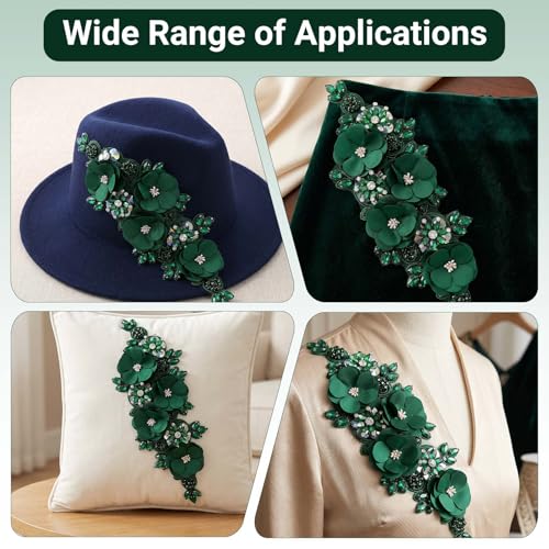 Handmade 3D Flower Embroidery Applique Rhinestone Lace Patch, Hunter Green - color: Hunter Green