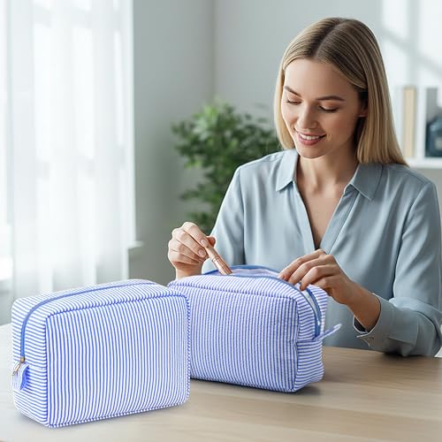 Sanwuta 10 Pcs Seersucker Cosmetic Bag Seersucker Makeup Bag Women Stripe Large Travel Toiletry Organizer Preppy Storage Pouch for Embroidery Wedding Bridesmaid Bride Mom (Navy Blue) - color: Navy Blue
