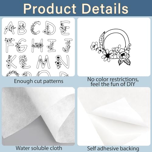 CRASPIRE 4 Sheets 104Pcs A-Z Letters Water Soluble Embroidery Patterns Stabilizers Alphabet Hand Sewing Stick and Stitch A4 Transfers Fabric Wash Away Pre-Printed Self Adhesive for Cloth DIY Lovers