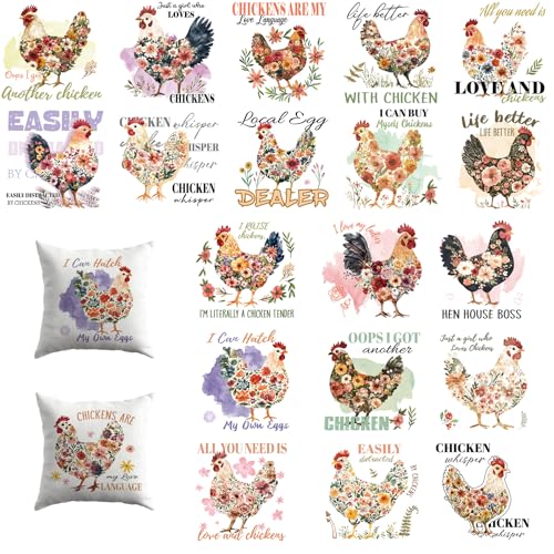 Dazoratix Chicken Iron on Transfers - 20 Sheets Colorful Floral DTF Ready to Press for T Shirts Farm Heat Patches Stickers Vinyl Designs Decals for Clothing Clothes Pillow Bag Hat DIY Craft Decoration - style: Chicken