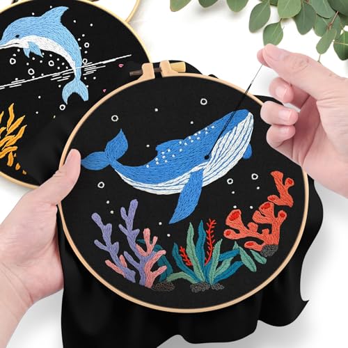 ERKOON 4 Set Embroidery Kit for Beginners, Cross Stitch Set Include Embroidery Cloth Hoops Threads for Craft Lover Hand Stitch with Embroidery Skill Techniques (Marine Animals) - color: Marine Animals