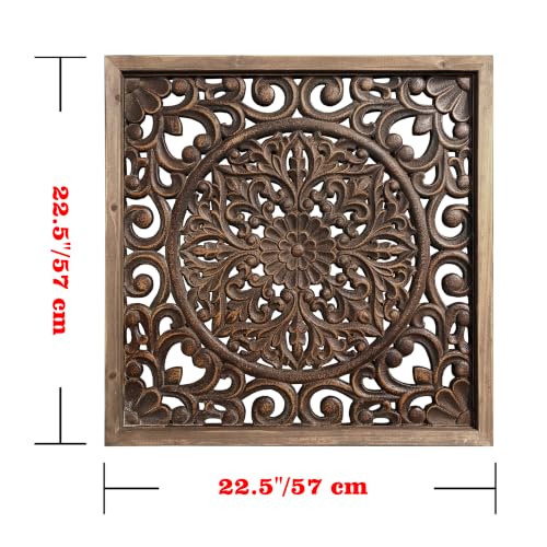 XIAOAIKA Boho Carved Wood Wall Art Panel, Floral Mandala, Distressed Brown - color: Brown
