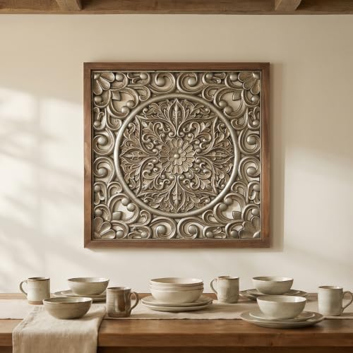 XIAOAIKA Boho Carved Wood Wall Art Panel, Floral Mandala, Distressed Silver - color: Silver