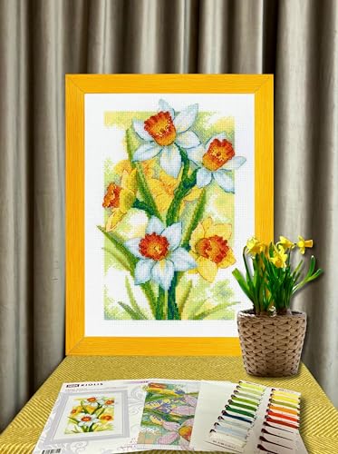 RIOLIS - Spring Glow. Daffodils 2189, Cross Stitch Kits 8¼"x11¾, Cross Stitch Kits for Adults, Counted Cross Stitch Kits, Embroidery Kit for Beginners & Advanced, Floral Crossstitching Kits - style: Spring Glow. Daffodils 2189