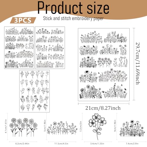 Water Soluble Embroidery Patterns Stabilizers, 3 Sheets 50 Pcs Floral Stick and Stitch Embroidery Papers Wash Away, Pre-Printed Boho Floral Pattern Transfers for Hand Sewing Lovers Beginners - size: Boho Floral