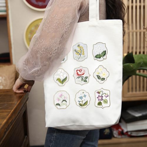 Yangshine Canvas Tote Bag Embroidery Kit with Pattern, Cross Stitch Kits for Beginners, Adults Arts Crafts Needlepoint Kit Include Embroidery Bag, Hoop and Instruction (Beige Bag, Flower #2) - color: Beige Bag, Flower #2