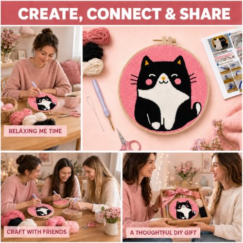 MZSMYKCH punch needle kits adults beginner - Black Cat punch needle kits Starter Set with Yarn, Needle Tool & Frame, Easy DIY Craft Decor, Relaxing Hobby Gift for Teens & Craft Lovers(Black Cat )