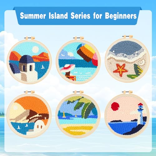 Coconut Palm Tree & Sailboat Punch Needle Kit, 8 Inch, Beginner DIY Craft - color: SUN-COCO