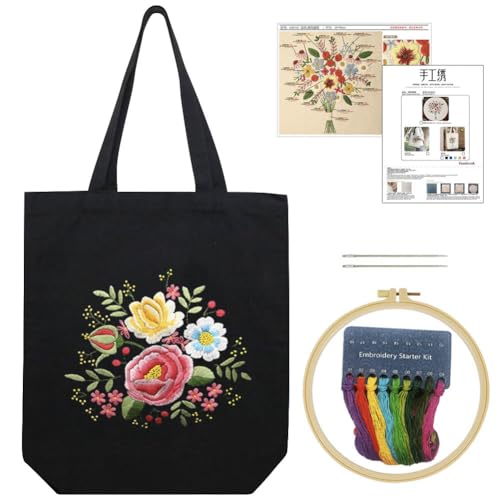 KABAKE Canvas Tote Bag Embroidery Kit - Embroidery Kits for Beginners Combo with Tools - Black Floral Bag Include Stamped Bag, Threads & Tools - color: Black Bag with Floral 2