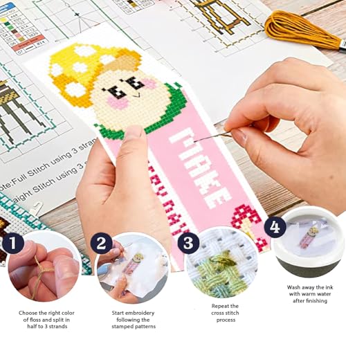 ORIGACH 6 Set Pink Mushroom Cross Stitch Bookmark Kit for Beginner - style: Mushroom