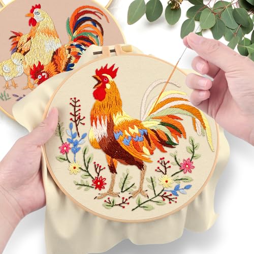 ERKOON 3 Sets Embroidery Kit, Floral Cross Stitch Set for Include Embroidery Cloth Hoops Threads for Craft Lover Hand Stitch (Rooster) - color: Rooster