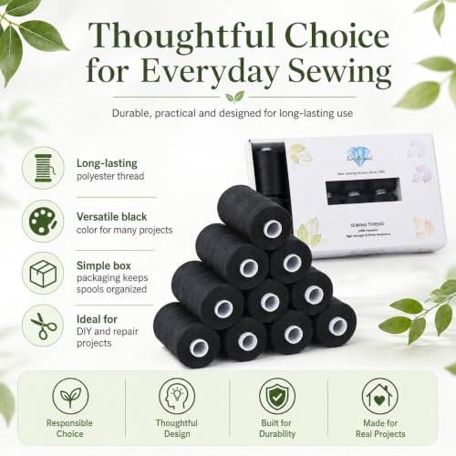 Simthread All Purpose Sewing Thread, 10 Spool 1000 Yards Each Bobbin Polyester Thread for Sewing, Handy Polyester Sewing Threads for Sewing Machine - (Black Series) - color: black series