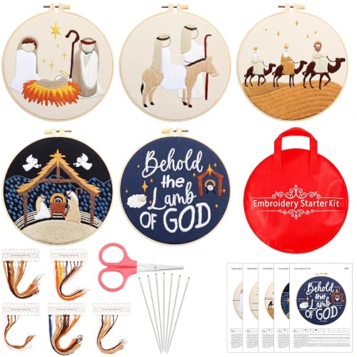 Tigeen 5 Sets Christian Nativity Scene Embroidery Kits for Starter Beginners Adult Jesus Cross Stitch Embroidery Kit Christian DIY Crafts Ornament with Instruction Hoop Needle Thread Needle Threader