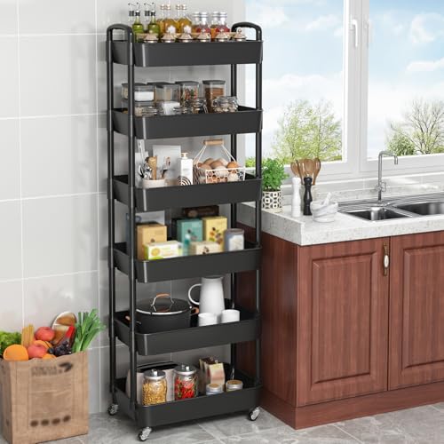 Sywhitta 6-Tier Plastic Rolling Utility Cart with Wheels for Storage,Black - color: Black, size: 6-tier