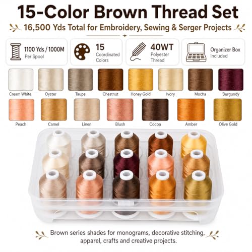 Simthread 15-Color Polyester Machine Embroidery Thread Set, Brown Series - color: 15C-Brown-Box