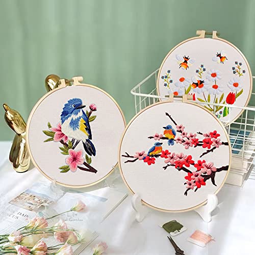 Yutaohui 3 Sets Birds Embroidery Kit with 1 Embroidery Hoop, Birds, Bee, Flower Embroidery Kits for Beginners, Bird Embroidery Kit for Adults, Starter. - color: red flowers