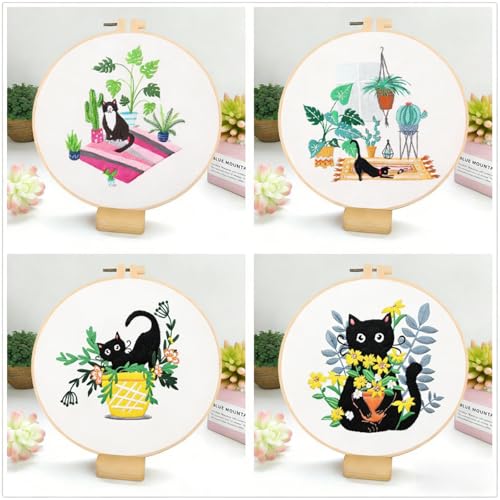 Mozzyyee 4pcs Cat Embroidery Kits for Beginners, DIY Adult Beginner Embroidery Sets with Instructions, 2 Plastic Embroidery Hoops,Scissor, Threads and Needles (Black Cats) - color: Black Cats