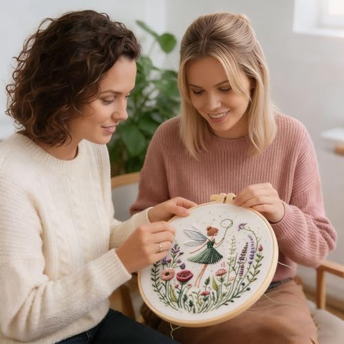Embroidery Kit for Adults, Pre-Stamped Pattern Embroidery Kit for Beginners, Needlepoint Starter Kit with Hoop Thread Needle Instruction, 7.9'' Hoop (Flower Fairy 3 Packs) - style: Flower Fairy 3 Packs