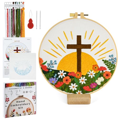 ElasignShopo Christian Embroidery Kit for Beginners Adults, Easy Cross Stitch Kit Easter Cross Jesus Pattern Embroidery Starter Kits with Wooden Hoop, Needles, Threads and Instruction Easter Gift - color: Flower Cross